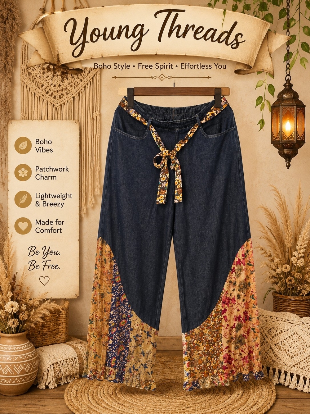 Young Threads Women's Boho Wide-Leg Jeans - Navy with Floral Patchwork